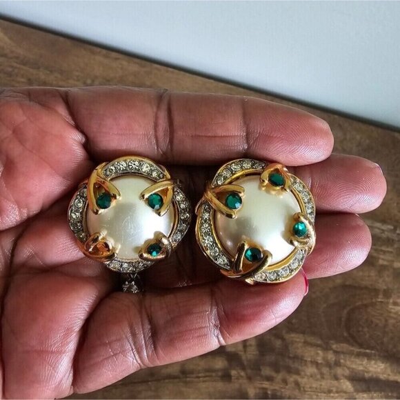 Vintage Birdcage Rhinestone Crystal Button Gold Green Faux Pearl Earrings - Picture 2 of 6